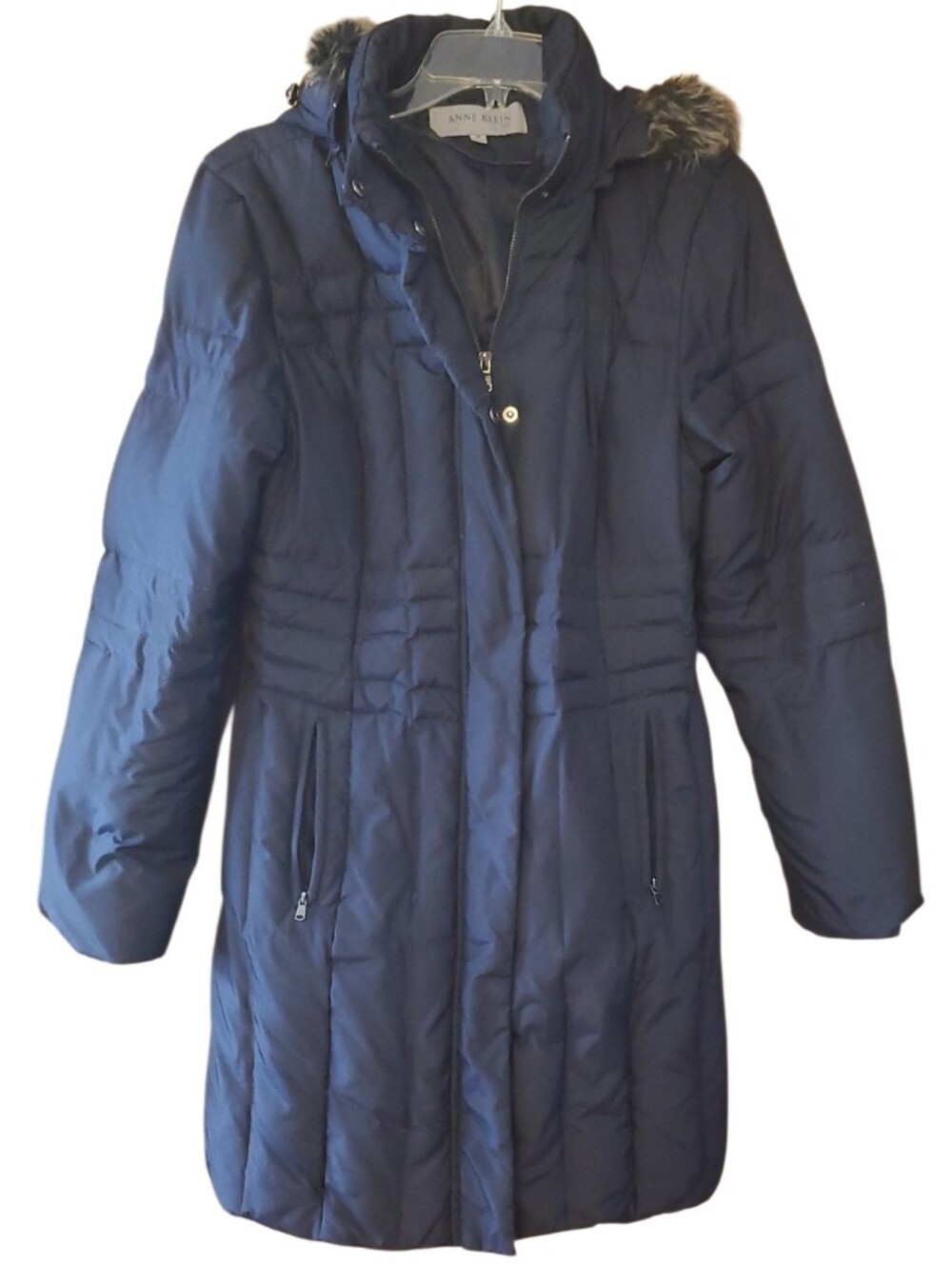 Anne Klein Navy Down & Feathet Hooded Puffer Coat with Faux-Fur Trim Womans Med